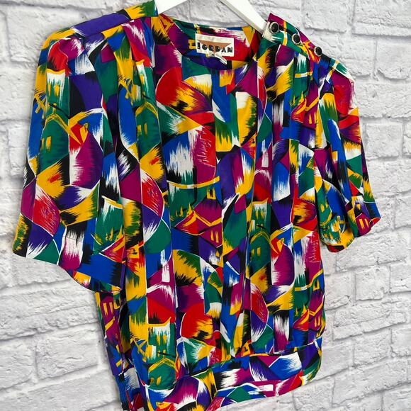 Vintage 90s Womens Short Sleeve Blouse Loud Print Size 11/12 Silky Abstract - Picture 3 of 7